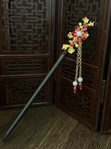 1入組女士人造珍珠細節花朵裝飾中式木頭髮夾適用於裝飾用品 - 紅色 - 查看 2