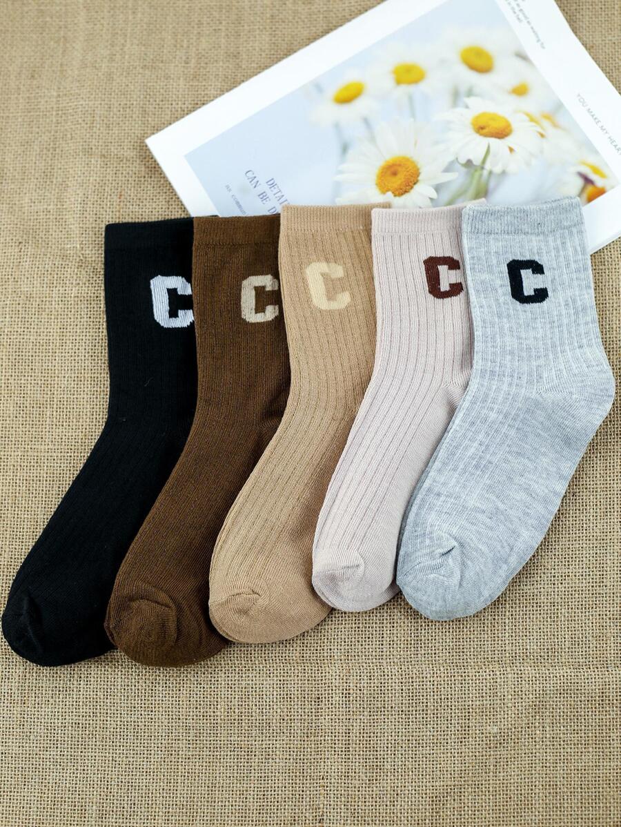 5 đôi Vớ họa tiết chữ thường dành cho nữ cho cuộc sống hàng ngày - Nhiều màu - Xem 1