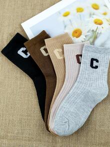 5 đôi Vớ họa tiết chữ thường dành cho nữ cho cuộc sống hàng ngày - Nhiều màu - Xem 5