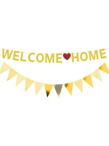 1set Welcome Home Decorative Pull Flag, Gold Paper Hanging Banner, For Party - Gold - View 3