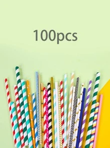100支彩色纸吸管，一次性，安全果汁艺术，纸质甜品桌，饮料装饰，条纹纸吸管，派对用品 - 彩色 - 查看 1