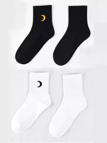 2 đôi Vớ thường ngày thêu mặt trăng cho nữ cho cuộc sống hàng ngày - Đen và trắng - Xem 1