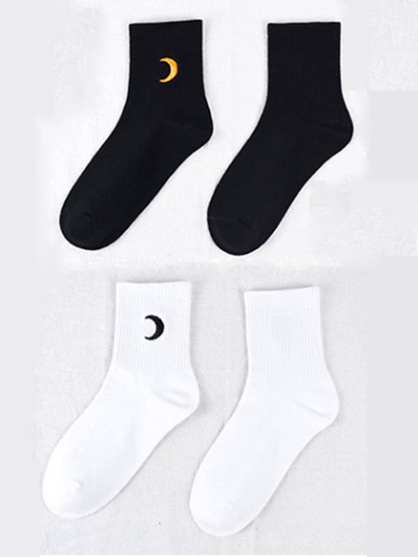 2 đôi Vớ thường ngày thêu mặt trăng cho nữ cho cuộc sống hàng ngày - Đen và trắng - Xem 1