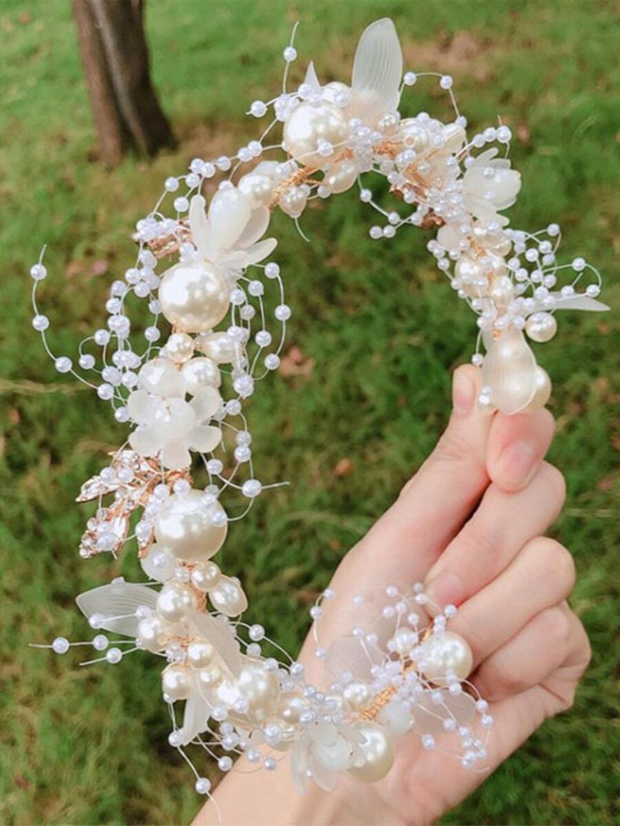 1 件装 女士 人造珍珠和花朵装饰 时尚新娘头带 适合婚礼派对 - 彩色 - 查看 1