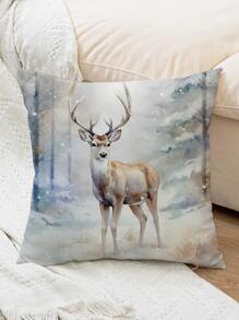 1入組麋鹿印花靠墊套無填充物，現代森林和動物印花裝飾靠墊套適用於床、沙發 - 彩色 - 查看 4