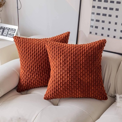 1pc Brick Red Orange Bohemian Stripe Cushion Cover (Pillow Core Not Included) Modern Fashion Soft Corduroy Raised Striped Solid Color Decorative Square Pillowcase, Suitable For Sofa Bedroom Bed, All Seasons