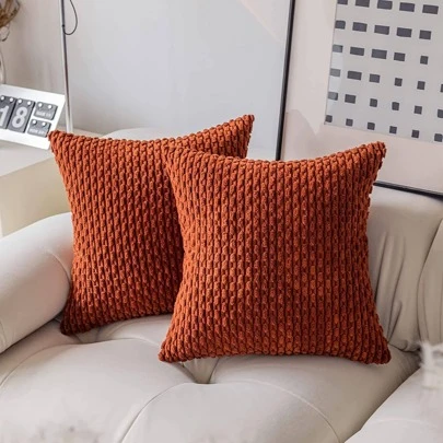 1pc Brick Red Orange Bohemian Stripe Cushion Cover (Pillow Core Not Included) Modern Fashion Soft Corduroy Raised Striped Solid Color Decorative Square Pillowcase, Suitable For Sofa Bedroom Bed, All Seasons