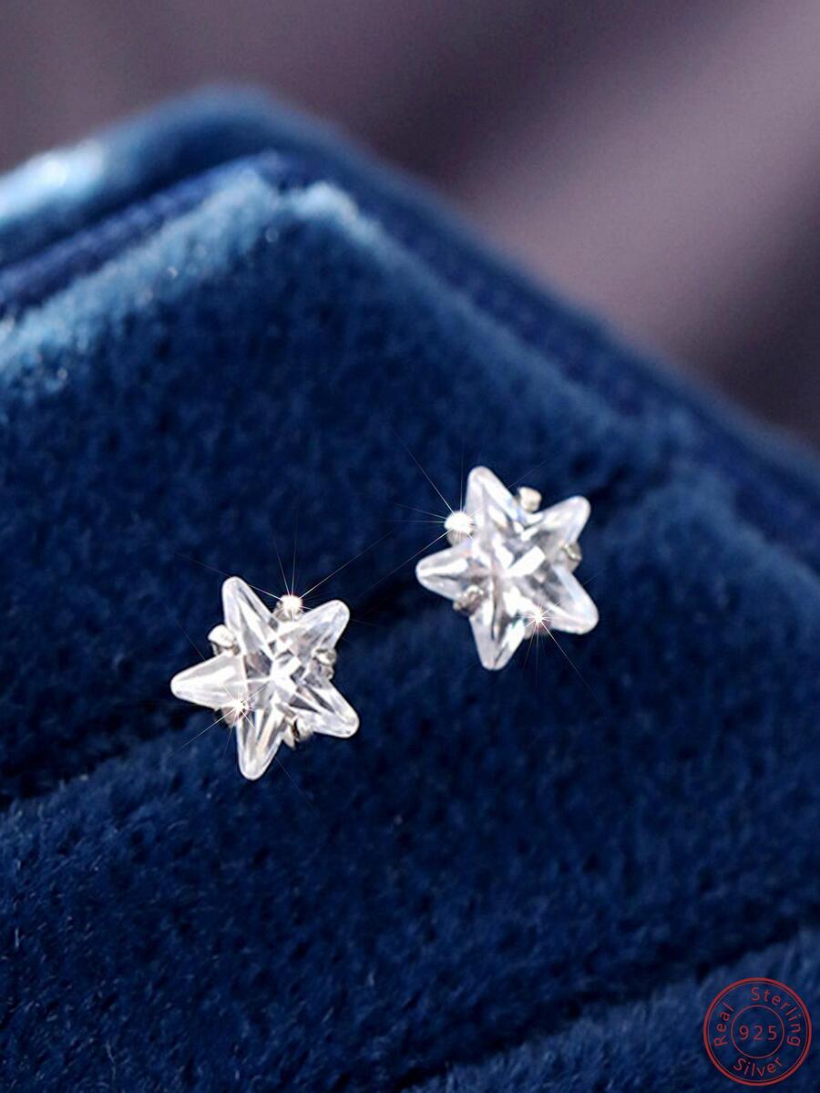 1對時尚方晶鋯石星星純銀耳釘適合女士適用於禮品