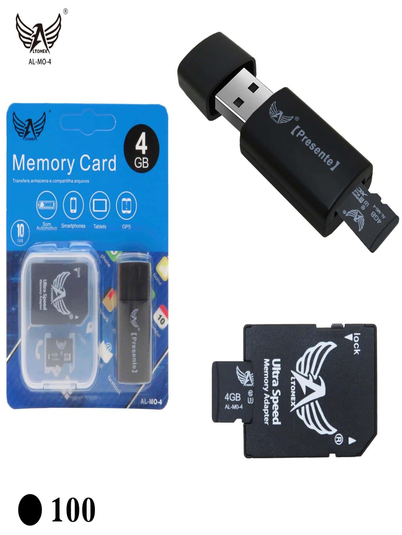 Cartão De Memória 4GB ,1 Cartão SD +1 Adaptador Micro SD Para SD+1 Leitor USB Para SD - Preto - Visão 1