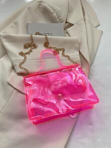 Mini Neon Pink Flap Chain Square Bag Funky Style - Hot Pink - View 5