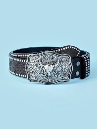 1入組女士花卉圖案壓花公牛骷髏和鉚釘裝飾幾何搭扣復古西部風腰帶適用於衣服裝飾用品