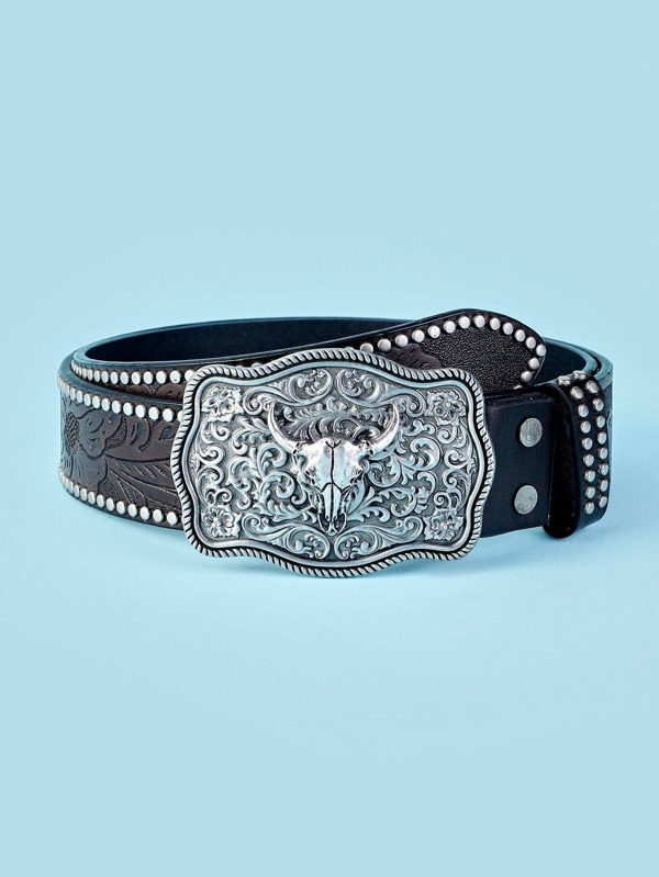 1pc Women Floral Embossed Bull Skull & Studded Decor Geometric Buckle Vintage Western Belt For Clothes Decoration