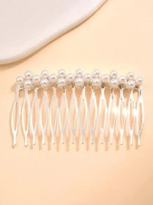 Phụ nữ Faux Pearl Decor Chải tóc thanh lịch để trang trí tóc - Bạc - Xem 1
