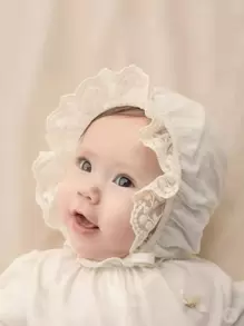 1pc Baby Girl White Lace Flower Vintage Style Embroidered Fetal Hat, Palace-Style Infant Cap, Soft Baby Hat, Newborn Cap - 白色 - 查看 2