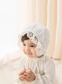 1pc Baby Girl White Lace Flower Vintage Style Embroidered Fetal Hat, Palace-Style Infant Cap, Soft Baby Hat, Newborn Cap - 白色 - 查看 5
