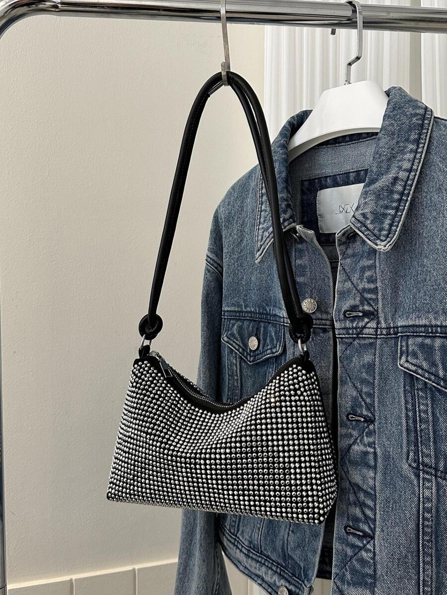 Studded Decor Hobo Bag Small Zipper Punk - Silver - View 1