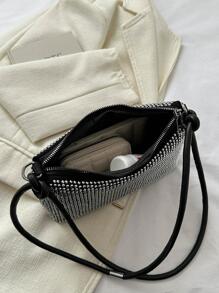 Studded Decor Hobo Bag Small Zipper Punk - Silver - View 5