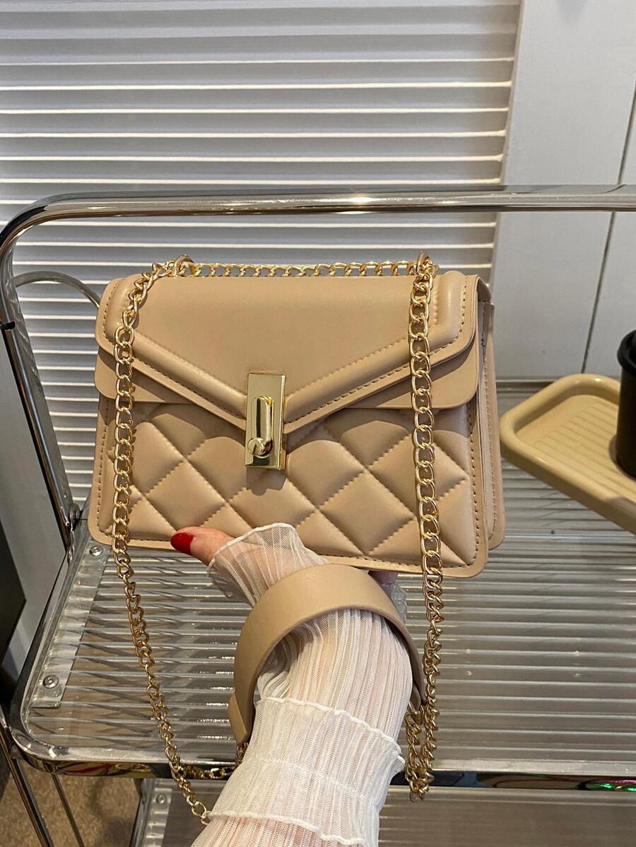 絎縫圖案鏈條方包優雅風格 - 卡其色 - 查看 1