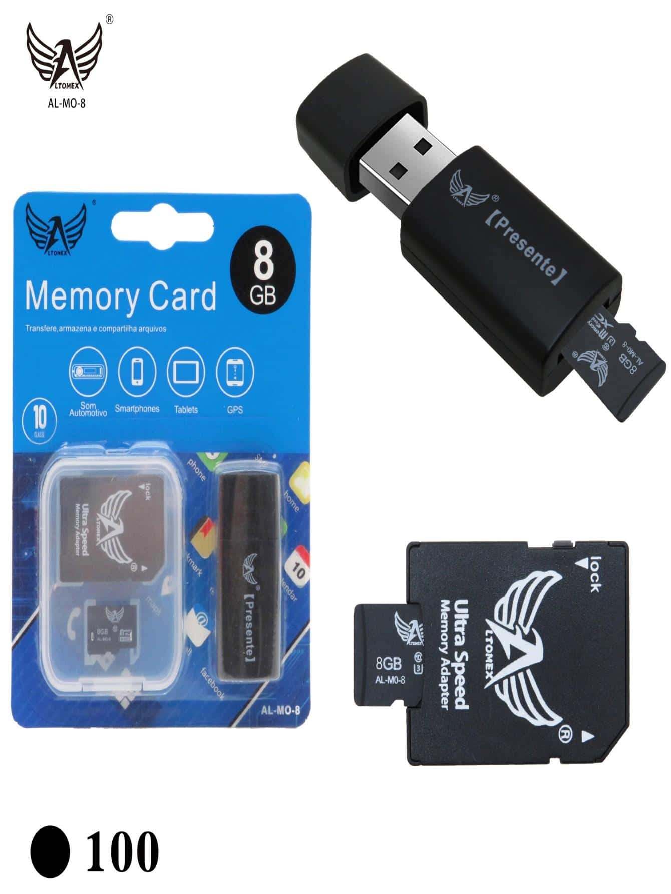 Cartão De Memória 8GB ,1 Cartão SD +1 Adaptador Micro SD Para SD+1 Leitor USB Para SD - Preto - Visão 1