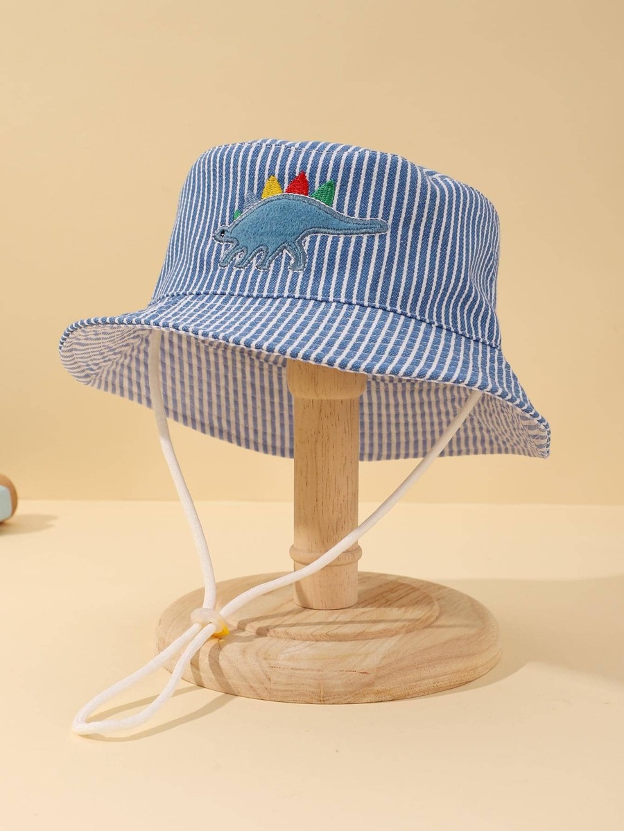 1pc Kids Dinosaur Embroidered Striped Pattern Bucket Hat For Daily Life - Blue - View 1