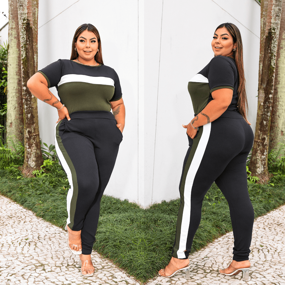Conjunto Feminino Plus Size Calça Jogger e Blusa Manga Curta - GG123 - Malha Crepe