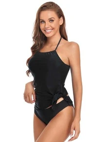 Solid Halter Tankini Summer Beach - Black - View 3