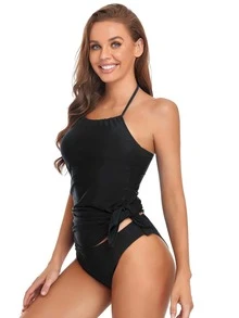 Solid Halter Tankini Summer Beach - Black - View 6