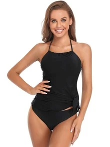 Solid Halter Tankini Summer Beach - Black - View 7