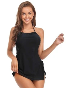 Solid Halter Tankini Summer Beach - Black - View 4