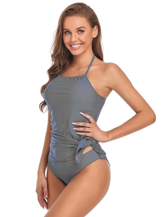 New Solid Color Halter Neck Tankini Set, Fashionable And Casual Beachwear With Side Split Design For Slimming And Covering Summer