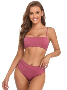 Solid Rib Bikini For Summer Beach - Hot Pink - View 2