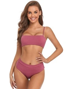 Solid Rib Bikini For Summer Beach - Hot Pink - View 3