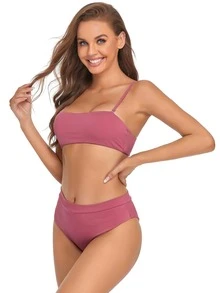 Solid Rib Bikini For Summer Beach - Hot Pink - View 4