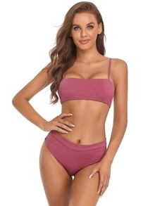 Solid Rib Bikini For Summer Beach - Hot Pink - View 5