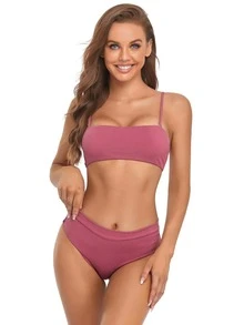 Solid Rib Bikini For Summer Beach - Hot Pink - View 6