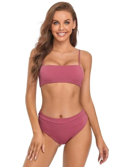Solid Rib Bikini For Summer Beach