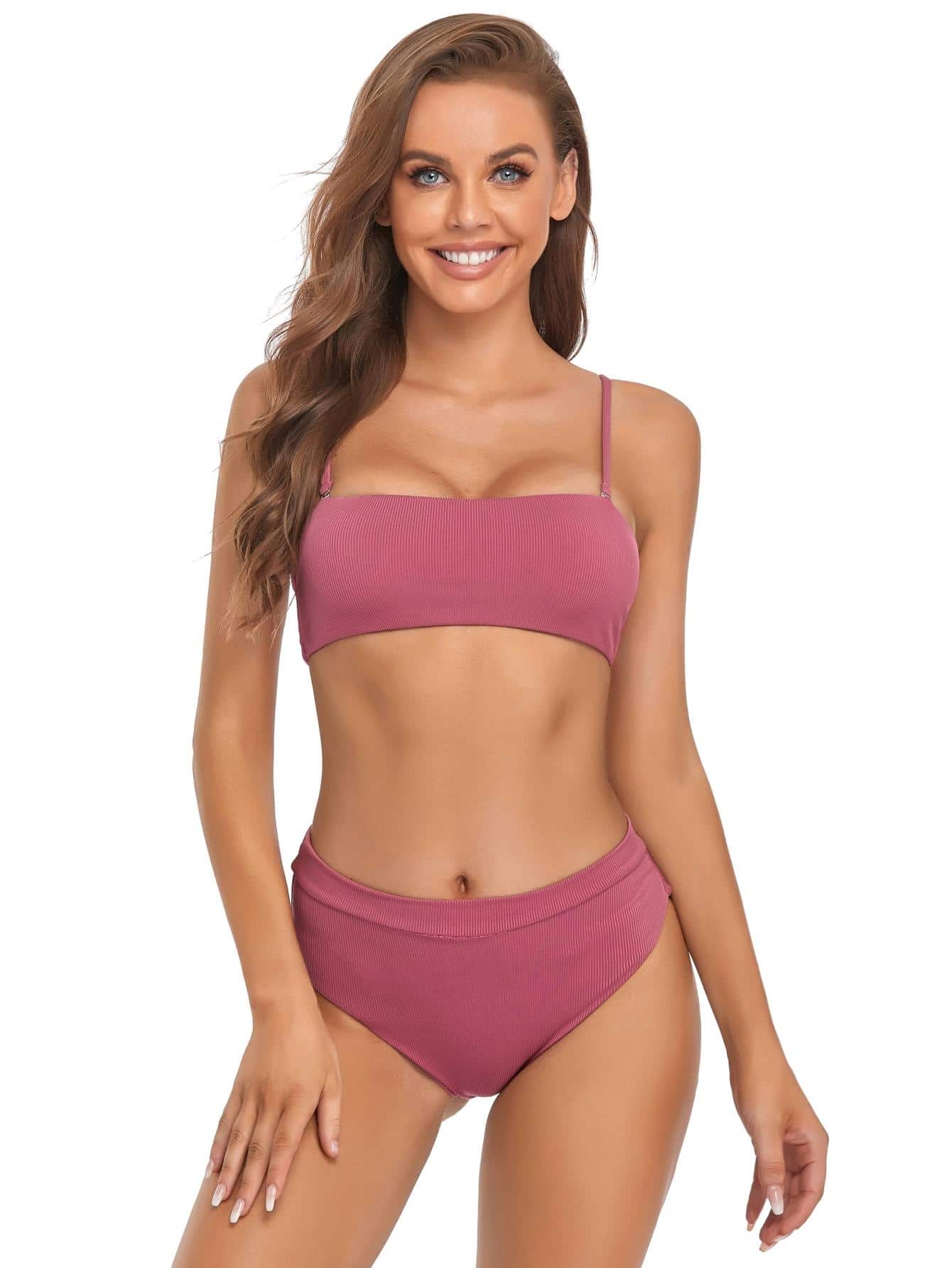 Solid Rib Bikini For Summer Beach - Hot Pink - View 1