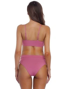 Solid Rib Bikini For Summer Beach - Hot Pink - View 7