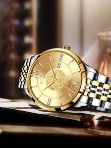 MONTAGUT 1pc Men Two Tone Stainless Steel Strap Fashion Rhinestone Decor Date Round Dial Mechanical Watch, For Daily Life - Multicolor - View 2