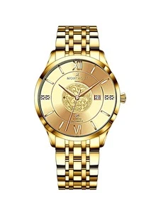 MONTAGUT 1pc Men Gold Stainless Steel Strap Business Water Resistant Round Dial Mechanical Watch, For Daily Life - Gold - View 2