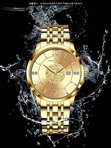MONTAGUT 1pc Men Gold Stainless Steel Strap Business Water Resistant Round Dial Mechanical Watch, For Daily Life - Gold - View 3