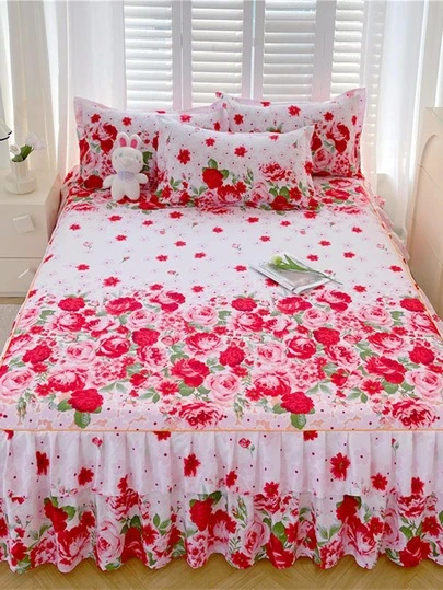 1 pieza Falda de cama impresa, resistente a la decoloración y al pilling, amigable con la piel, con dobladillo de doble volante, rectangular, de varios tamaños, adecuada para dormitorio, dormitorio