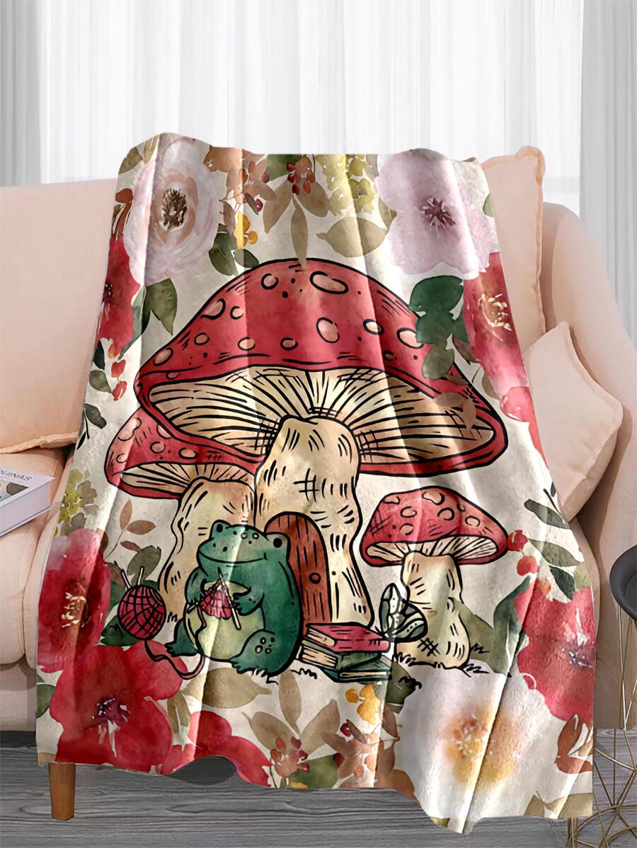 1pc Frog & Mushroom Pattern Blanket, Cartoon Knitted Fabric Warm Blanket For Home - Multicolor - View 1