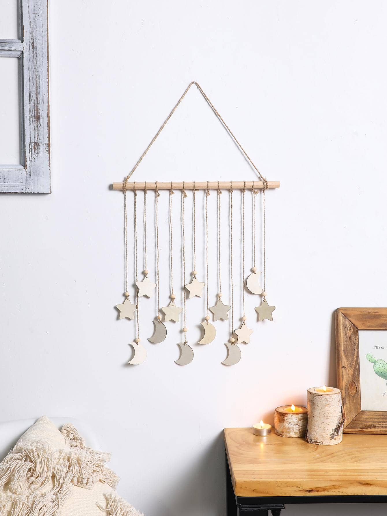 1pc Treo tường thiết kế mặt trăng và ngôi sao bằng gỗ - Màu Khaki - Xem 1