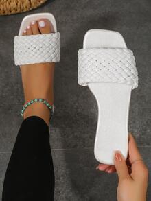 Women's White Woven Flat Sandals With Vacation Style - White - View 2