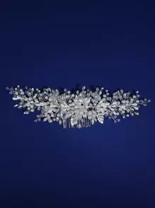 1pc Women's Gypsum Flower Shaped Hair Comb With Rhinestone & Leaf & Faux Pearl & Crystal For Bridal Elegant Tiaras Valentine's Day Accessories - Silver - View 5