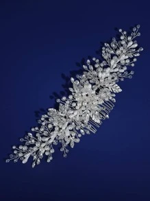 1pc Women's Gypsum Flower Shaped Hair Comb With Rhinestone & Leaf & Faux Pearl & Crystal For Bridal Elegant Tiaras Valentine's Day Accessories - Silver - View 6