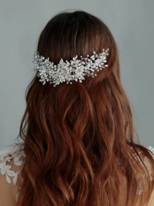 1pc Women's Gypsum Flower Shaped Hair Comb With Rhinestone & Leaf & Faux Pearl & Crystal For Bridal Elegant Tiaras Valentine's Day Accessories - Silver - View 4