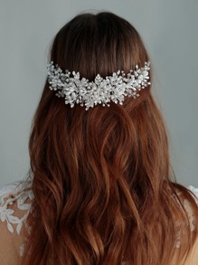 1pc Women's Gypsum Flower Shaped Hair Comb With Rhinestone & Leaf & Faux Pearl & Crystal For Bridal Elegant Tiaras Valentine's Day Accessories - Silver - View 2