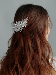 1pc Women's Gypsum Flower Shaped Hair Comb With Rhinestone & Leaf & Faux Pearl & Crystal For Bridal Elegant Tiaras Valentine's Day Accessories - Silver - View 3